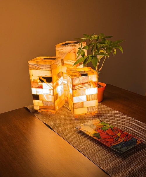 three alabaster mosaic lamps dining table ambient