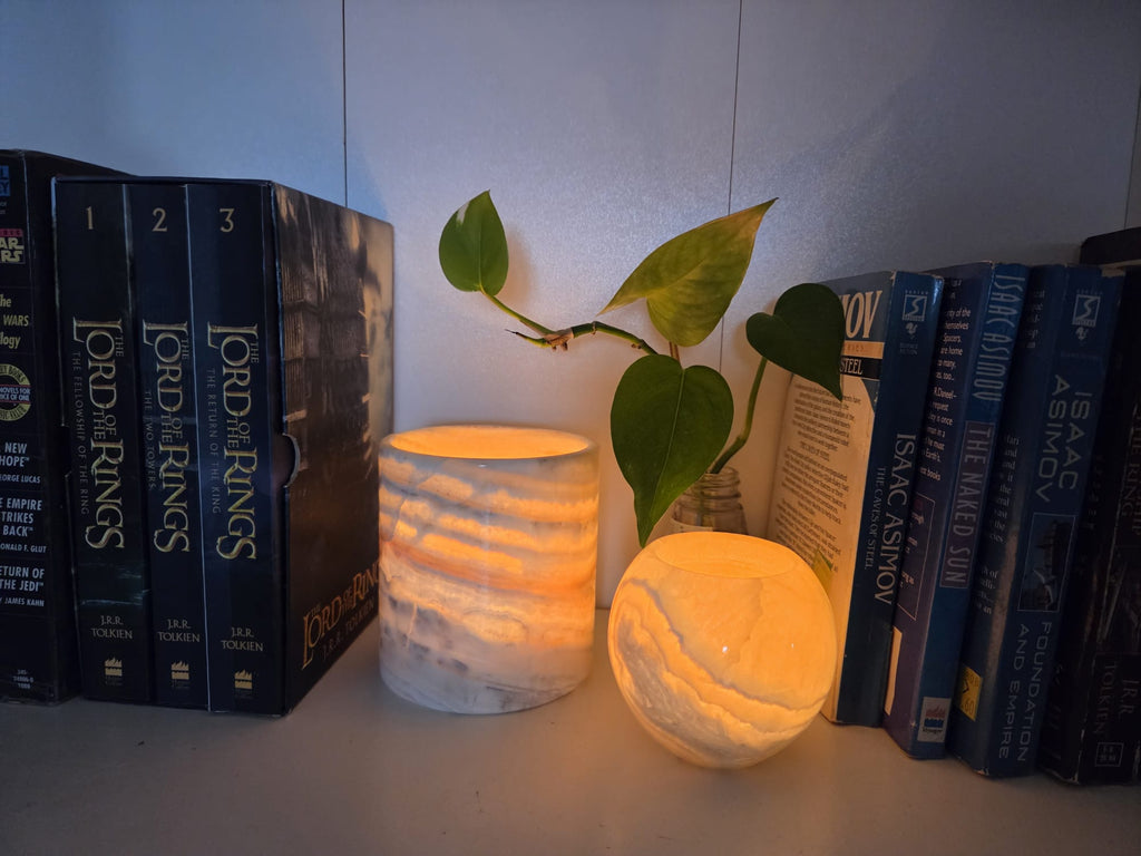 The Duo lit on a bookshelf between rows of paperbacks, glowing cylinder and smaller orb with a pothos plant behind
