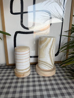 The Pillar Pair unlit, Medium and Large alabaster columns side by side showing the height difference